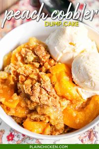 Peach Cobbler Dump Cake - only 4 ingredients for the most delicious dessert ever! LOVE this!!! Literally takes a minute to make and everyone loved it. There were no leftovers! Serve warm with some vanilla ice cream. YUM! #peaches #cakemix #cake #dessert