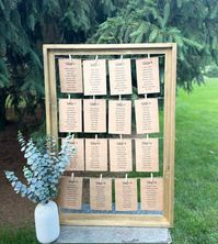 "This is a beautiful, wooden frame to display all your favorite pictures or table cards! This rustic wood frame is made from recycled barn wood or driftwood. It comes with 16 clothespins in a natural wood. Frame color options shown in listing are: Gold, Barnwood, Robin's Egg Blue, and White. Looking to fit more table cards on one frame? See my listing for a 5-row frame, available in all the same colors: https://www.etsy.com/TheMountainBluebird/listing/826150104/wedding-seating-chart-barnwood-frame The table cards pictured are 5\" x 7.5\" and are available for purchase here:  https://www.etsy.com/listing/625026196/rustic-wedding-seating-cards-wedding **Get one set of 8 cards FREE with the purchase of a frame-just message me with your request of the card color and I will include them with yo