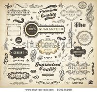 Vector set of calligraphic design elements: page decoration, Premium Quality and Satisfaction Guarantee Label, antique and baroque frames | Old paper texture with dirty footprints of a cup of coffee.