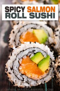 We show you how to prepare a homemade spicy salmon roll sushi. This is a spicy inside-out sushi roll with raw salmon fish. I have added instructions for using cured salmon.