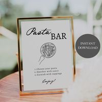 This item is a DIGITAL TEMPLATE which is INSTANTLY customizable via CANVA. You do not need to have a Canva account. Nothing physical is shipped to you. YOU WILL RECEIVE x1 Bar Sign Template 8" x 10" x1 Bar Sign Template 5" x 7" DESCRIPTION Transform your Italian-themed wedding or dinner party with our charming Pasta Bar Sign. This elegant sign features a vintage font that adds a touch of romance to your event. Let your guests "choose their pasta" with this stylish decor piece that is perfect for