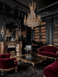 Step into the world of dark academia with this luxurious study room. Featuring deep black walls, burgundy velvet seating, a grand chandelier, and richly detailed bookshelves, this space is perfect for creating an atmosphere of sophistication and intellectual charm. The perfect blend of dark elegance and comfort. #DarkAcademia #LuxuryInteriors #VelvetChairs #ScholarlyDecor #VintageDesign #GrandChandelier #HomeLibrary #Fireplace #PianoRoom #InteriorDesignInspo