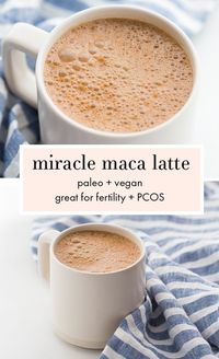 Miracle Maca Latte Recipe (Vegan, Maca Powder). This maca latte recipe is almost exactly that: a miracle! This maca powder recipe is perfect for natural energy, PCOS, and hormonal balance, and the maca drink is the perfect caffeine-free pick-me-up or replacement for your morning coffee. #maca #latte