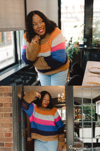 Hey bestie! It’s time to show off those crochet skills and finally make the staple piece your wardrobe has been missing. The Maple Sweater brings the coziness of a raglan pullover and the adventure of color into a piece that will have everyone asking, “OMG, where did you buy that?!”. Face your fear of crocheting a sweater with this easy peasy pattern.

The Maple Sweater pattern is part of the Happy Place pattern collection, designed to complement Happy Place Apricity Yarn.