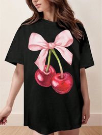 XL Fashion Design Cherry Bow Print Casual T-Shirt Black Casual  Short Sleeve Knitted Fabric Colorblock,Graphic,Plants,All Over Print  Slight Stretch  Women Plus Clothing, size features are:Bust: ,Length: ,Sleeve Length: