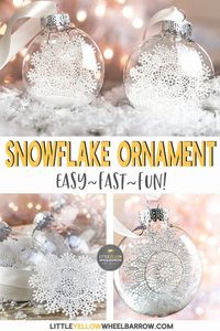 Here is a simple clear ornament idea that takes no time at all to put together. A perfect Christmas craft to make with the kids. These pretty snowflake ornaments add a touch of vintage charm to any Christmas tree. #holidaycrafts #christmascrafts #clearornamentideas #easycraftideas #diycrafts #filledornaments #craftsforkids #snowflakes #wintercrafts