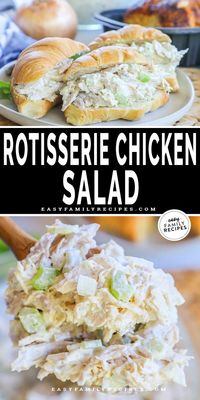 BEST Chicken Salad EVER! This classic rotisserie chicken salad recipe is an easy win! It's a no-cook fast meal prep recipe for lunch and dinner. Pre-cooked chicken with simple staples like celery, onions, mayo and seasonings make a cool, creamy, family friendly meal. Get ahead for the week with lunch prep - bread or croissants make delicious chicken salad sandwiches or use it all week as an easy dip for crackers. Chicken salad made with rotisserie chicken is the easy, healthy meal you’re after!