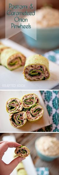 Pastrami & Caramelized Onion Pinwheels - Krafted Koch - Pinwheels made with pastrami and a creamy caramelized onion spread that are great for an appetizer or lunch!