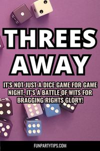 Spice up your next family fun night with Threes Away, the dice game that's fast-paced, exciting, and just the right mix of luck and strategy! Perfect for small groups, this game promises tons of fun and thrilling gameplay. Whether you're looking for a lively addition to game night or just a quick way to engage the family, Threes Away will have everyone rolling with excitement and anticipation!