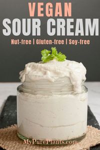 It's a quick and easy 5-minute homemade dairy-free sour cream recipe when you need something nut-free and soy-free to top your baked potatoes, vegan chili or tacos. 4-ingredients plus a high powered blender and you have yourself a creamy, tangy vegan sour cream. #vegansourceam #dairyfreesourcream #nutfreesourcream #easyvegansourcream #vegancondiment #vegandip