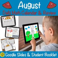 Do you need a great math class starter that can be used with Google Slides or as a student booklet? This  First Grade Daily Calendar and Math Review Google Slides & Student Booklet for August has students practice calendar skills;  report the daily weather; work on money skills;  review math skills; and answer story problems. There are 25 slides or student math review sheets.  #math #mathfacts #calendar #money #firstgrade #digital #Googleslides #theteachingscene #theteachingscenebymaureen