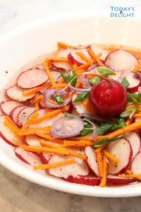 Asian Carrot Radish Salad is easy, simple, crunchy and refreshing vegetable appetizer made with radish, carrot, green onion and shallot in a sweet savory sauce. It pairs well with meat, chicken or poultry and fish. For recipe and more, visit todaysdelight.com