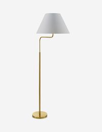 Minimalist lines define the Ellingford floor lamp. The slender stem takes an angular bend, cutting a chic silhouette that makes it the perfect reading lamp next to your sofa or a comfy chair. We love how the brass finish pops against the white shade, offering a versatile addition to modern palettes.