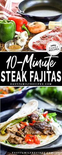 Steak Fajitas made in 10 MINUTES! These easy steak fajitas the perfect quick dinner idea for a busy night. Skirt steak is combined with seasonings, bell peppers, and onions and cooked quickly in a skillet to make the best and most flavor filled steak fajitas. As a bonus, these beef fajitas are perfect for those with special dietary needs because they are gluten free, low carb, and a keto recipe. #dinner #mexicanfood #lowcarb #keto #steak #beef