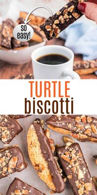 A homemade biscotti recipe that's filled with caramel, pecans AND dipped in dark chocolate! Turtle Biscotti makes your morning coffee even better.