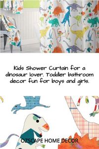 Kids shower curtain ideas for a dinosaur lover's bathroom decor. Delight your toddler with this designer curtain and add the matching bath mat and bath towels to create a Jurassic bathroom to entice your sons and daugters and make bath time fun. Shop now: https://etsy.me/3oCYxzV#ozscapehomedecor #kidsshowercurtain #boyshowercurtain #littleboybathroomdecor #dinosaurdecor #dinosaurcurtain #kidsbathroomdecor #siblingbathroom #kidsbathroomdecor #colorfulbathroom #kidscurtain #dinosaurcurtain