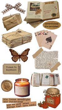 Postage notes, candle, quotes, jam jar, tickets, vintage paper and tape, butterfly, brown and white bow, cards