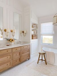 A look at bathroom trends and design ideas for 2024 to 2025, with beautiful master bathroom inspiration, powder rooms, small full bath ideas, vanity cabinets, color trends, decor, lighting, shower tile, mixed metals, and more!