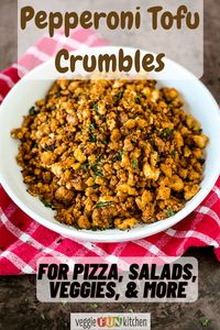 This is the pepperoni tofu crumbles recipe you've been waiting for! A little spicy and seasoned just right, these pepperoni tofu crumbles are perfect on pizza (of course), or sprinkled on salads or veggies like potatoes.