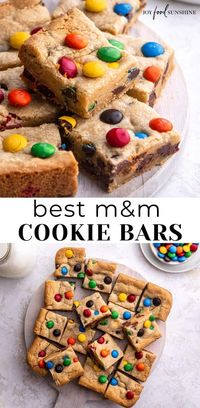 These are the best M&M Cookie Bars. This recipe is easy to make (5 minutes to mix, 20 minutes to bake) and results in gooey, chewy, buttery M and M bars. Use red and green M&Ms to make Christmas cookie bars! Best served warm with a scoop of vanilla ice cream!