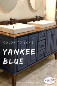 Give your vanity the royal treatment with Yankee Blue Chalk Mineral Paint! A stunning dark blue that's sure to wow your guests! Head to your local Dixie Belle Paint retailer to get yours today! #dixiebelle #dixiebellepaint #chalkmineralpaint #painting #paintingfurniture #furniturepainting #furniture #diy #doityourself #howto #howtopaint #chalkpainted #howtopaintfurniture #bestfurniturepaint