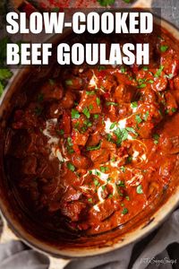 Slow-cooked beef goulash featuring impressively tender meat and rich, flavour-packed gravy is bound to win favour around the dinner table on cold days. A little soured cream stirred into this easy Dutch oven goulash recipe turns it into pure comfort food heaven.