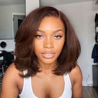 Pre Plus Short Cut Layered Bob in #4 Chestnut Brown, featuring bob plus, density plus, hairline plus, and texture plus. Celebrity C Part design for a sophisticated look. Ships within 24-48 hours, arrives in 3-5 business days.