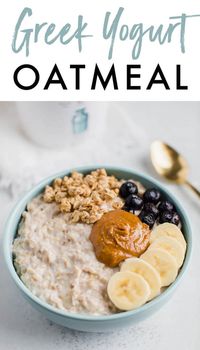 Start your morning with a creamy, protein-packed bowl of oatmeal with this easy recipe for Greek yogurt oatmeal! You'll love this delicious combo. #protein #oatmeal #healthy #recipe #greekyogurt