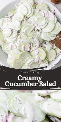 Creamy cucumber salad is a refreshing summer staple with crisp cucumbers, crunchy red onions, fresh dill and a light sour cream dressing. This classic cucumber recipe is made with ingredients you likely have on hand and is a light and delicious side dish for summer grilling, barbecues, picnics, or potlucks.