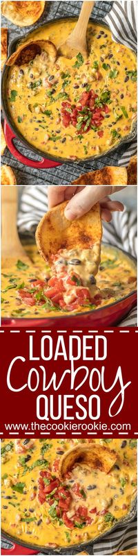 LOADED COWBOY QUESO is the ultimate Super Bowl dip! This EASY appetizer is loaded with velveeta, pepper jack, black beans, Rotel, and sausage! OUR FAVORITE TAILGATING DIP RECIPE!