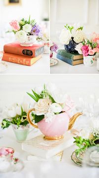 These would make such pretty floral arangements. English garden inspired flowers; photos by Dominique Bader | Junebug Weddings #TKMaxxBridalEvent SO SIMPLE AND SWEET, LOVE THE MISMATCH TEA CUPS AND TEA POTS ON VINTAGE BOOKS. CARA DO YOU LIKE THIS? @Cara K K K K Chapman