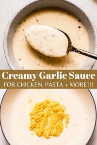 This 5-minute Creamy Garlic Sauce is an easy go-to sauce you can serve with pasta, chicken, shrimp, and so much more. The flavors are rich and savory, and will keep you coming back for more!