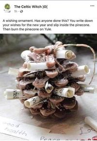 So, I was looking for an activity to do related to Yule. I came to find wish pine cones. What you’ll need: •pinecone 🌲 •paper 📄 •matches/lighter 🔥 •ribbon/string What you’ll do: Write a wish or something to manifest for the holidays on the paper. Roll the paper up and slide it in between the pinecone pieces (idk what they’re called! 😅). Hand it up on a tree or decorate your altar. On Yule, take a lighter or match and burn it, releasing it i...