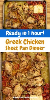 This Greek sheet pan chicken dinner is so easy that it’s mostly hands-off cooking time and ready in under an hour. It’s perfect for any busy weeknight and bursting with flavor. I love using chicken thighs because they always stay juicy while cooking, but you can also use boneless chicken breasts. Perfect easy and healthy dinner recipes.