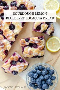 Delicious sourdough lemon blueberry focaccia bread is made using active sourdough starter, lemon zest, fresh blueberries and topped with a lemony glaze. Fresh and fruity flavors make this the perfect sweet treat or a great side for a brunch on special mornings.