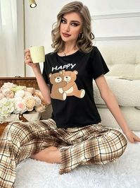 y2k finds, Cartoon Bear Print Pajama Set, Cute Short Sleeve Top & Cozy Plaid Print Long Pants, Women's Loungewear & Sleepwear, y2k pjs, affiliate