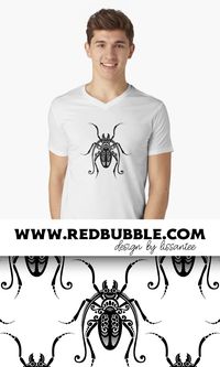 Shop V-neck T-shirt with Ornate Exotic Beetle Print © All Rights Reserved on demand Redbubble  deeper summery casual shirt tshirt tee clothes apparel basic everyday wear generous regular fit  lightweight fabric male model front back location design artwork art ideas fauna nature garden funny abstraction abstract insect bug ornament ornamental floral flower ornate decorative vintage art deco doodle ethnic surface pattern design monochrome black and white bw