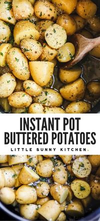 These Instant Pot potatoes are roasted to perfection with butter, herbs and garlic. Served with grated parmesan cheese and parsley. A wonderful side dish to go with any meal, and ready in just 20 minutes! #Instantpotsides #instantpotpotatoes #garlicpotatoes