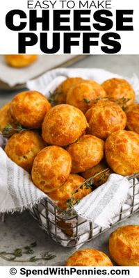 These homemade cheese puffs taste way better than the store-bought version! Loaded with a sharp cheddar cheese flavor, these cheese puffs are loved by all! Dip in soups or stews, or serve alongside pasta to dip in the creamy pasta sauce. With only a handful of simple ingredients, these cheese puffs are such an easy side dish or snack. #spendwithpennies #cheesepuffs #recipe #baked