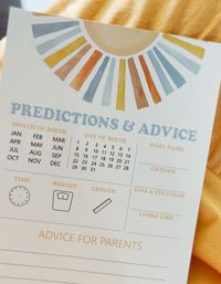 These are the prediction and advice cards we used for the baby shower! They were great quality and so cute! Baby shower theme ideas, baby shower, here comes the son, sunshine theme, baby boy, here comes the sun theme, boy baby shower, baby shower games