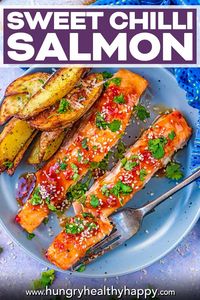 This easy Sweet Chilli Salmon is so simple to make and is ready in under 20 minutes. Salmon fillets glazed with a mixture of sweet chilli sauce, soy sauce and lime juice and baked until flakey. Only 4 ingredients are needed for this easy weeknight meal that is also special enough to serve to guests.