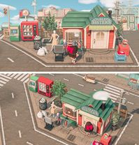 Custom street patterns and sidewalks take over this gorgeous city-themed location for the Able Sisters. And if you want some ideas for your own Animal Crossing Able Sisters building then peep the link attached with lots more ideas😍