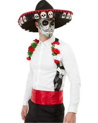 Item Includes: Sombrero. Holster. Cummberbund. Features: Black sombrero with sugar skull print along the sides and red piping. Black holster prop decorated with red, green and white fabric flowers. Metallic red cummberbund. Sizing: One size fits most adults. Material: 100% Polyester. Hand wash. Please note: Makeup, shirt, pants, shoes and gun prop are not included. Accesory set for Dia de lo Muertos. Bring your Day of the Dead outfit to the next level and accessory with our Day of the Dead Sombr