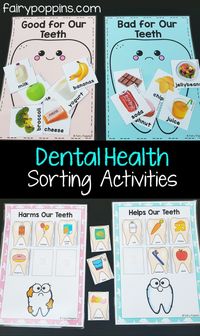 Dental activities for kids in preschool, kindergarten, first grade and second grade. Includes crafts, worksheets and sorting activities. Focuses on topics like brushing teeth, parts of a tooth and nutrition. ~ Fairy Poppins #dentalweek #dentalactivities #teethcrafts