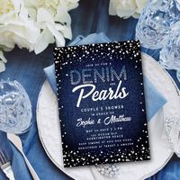 A modern, elegant and chic, denim and pearls couple's shower invitation with a denim and diamonds and pearls theme. It features a denim background, elegant rhinestones and pearls (these are digital effects, not real stones or pearls!) custom letters for the word "denim" and typography in white. A chic "denim and diamonds and pearls" wedding shower invitation for a modern couple who loves denim.