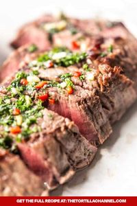 Make chimichurri save and serve with medium rare chimicurri steaks. The perfect Mexican dinner. Prepare them on the grill and serve with your favorite side dishes. Your family will love it. Save this pin for later! 🍽️