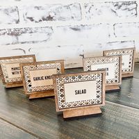 Custom Food Name Signs // Cane Rattan Wedding Signs // Miniature Wood Signs // Buffet Labels // Reception Food Signs // Boho Wedding #etsy #beige #brown #terracottawedding #miniaturesign #rattandecor #weddingnamecards #escortcards #nameplacesetting #woodnameplate #customsigns #buffetlabels #bakerysigns #engravedwoodsigns