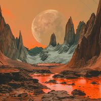 Another planet rocks landscape with big moon in the orange sky, made with Ai