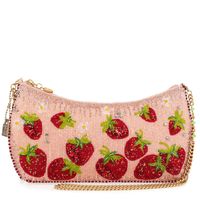 This sweet Strawberry Fields crossbody purse mixes fiery red, beaded strawberries on a sparkling pink backdrop to make a pairing that's on fire!