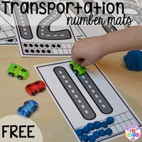 Road Number Mat FREEBIE plus my go to Transportation themed math, writing, fine motor, sensory, reading, and science activities for preschool and kindergarten.